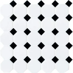 Octagon and Dot Matte White with Black Dot 12 in. x 12 in. x 6 mm Ceramic Mosaic Floor and Wall Tile (1 sq. ft./ Each) by Daltile